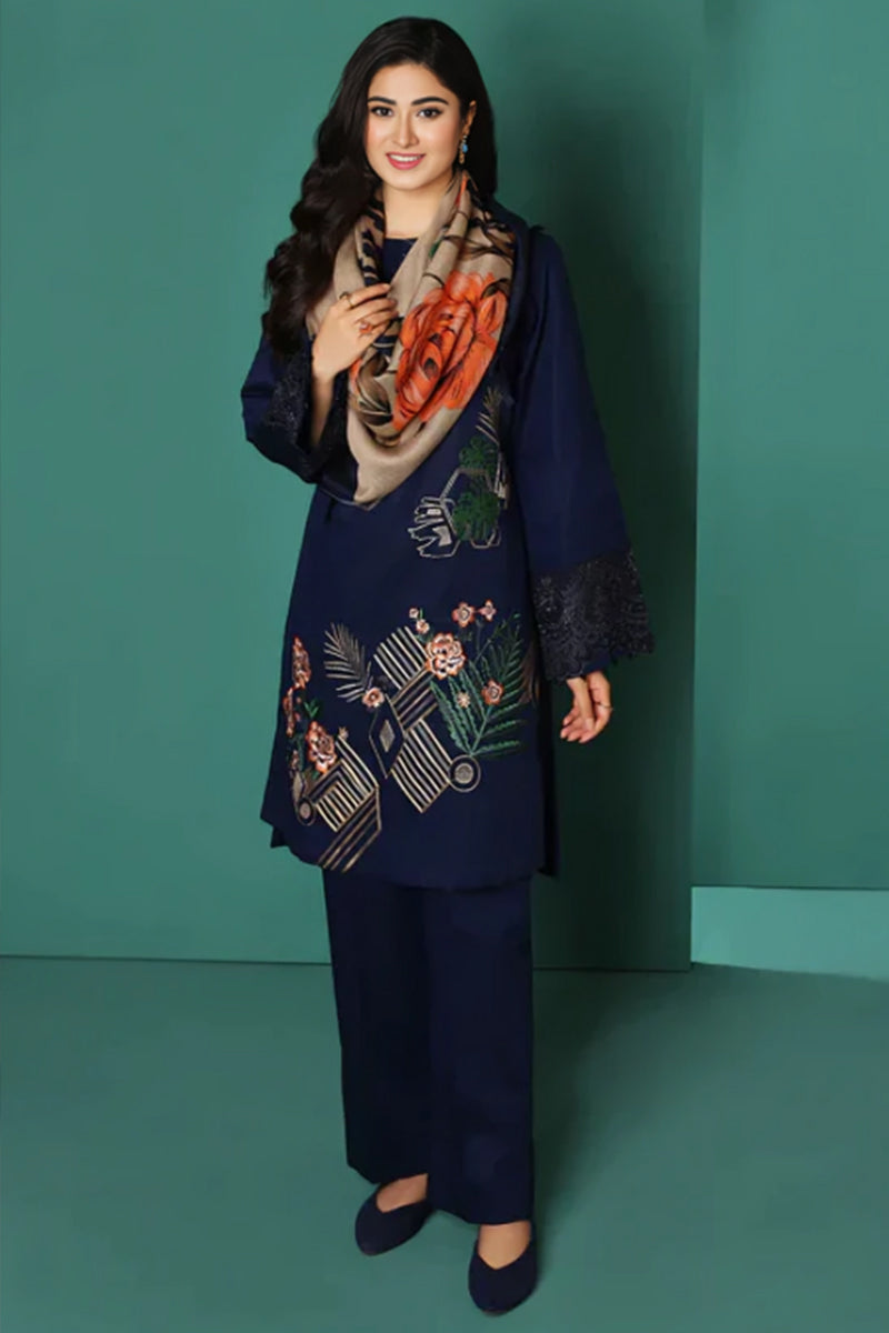 3 Piece Unstitched Embroidered Navy Blue Dhanak Marina Suit with Shawl-7