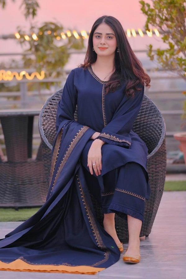 3 Piece Unstitched Embroidered Navy Blue Dhanak Marina Suit with Shawl-8