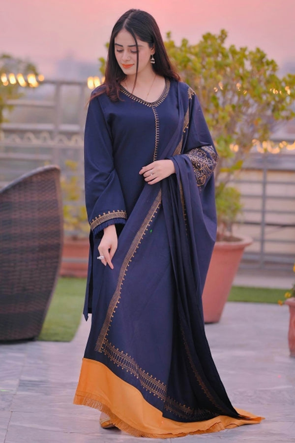 3 Piece Unstitched Embroidered Navy Blue Dhanak Marina Suit with Shawl-8