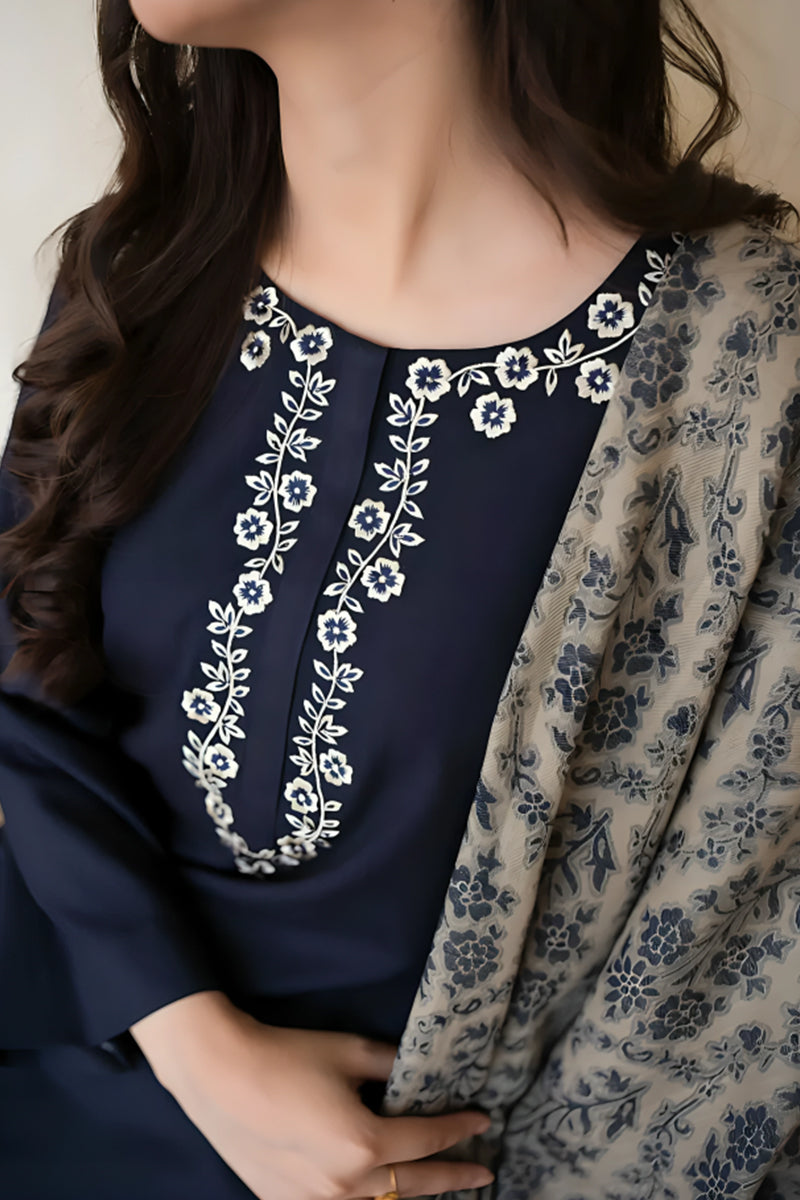 3 Piece Unstitched Embroidered Navy Blue Dhanak Marina Suit with Shawl-9