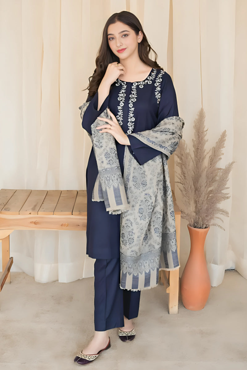 3 Piece Unstitched Embroidered Navy Blue Dhanak Marina Suit with Shawl-9