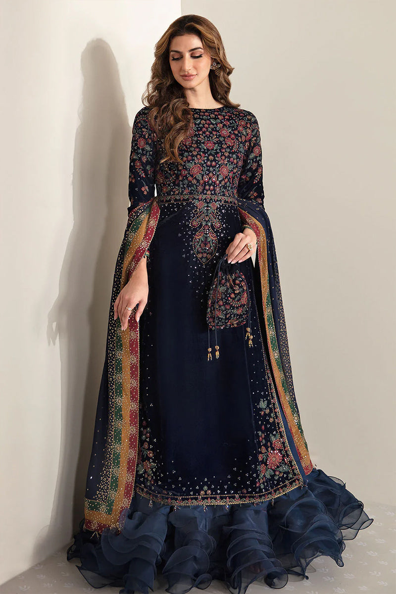 3 Piece Unstitched Embroidered Navy Blue Velvet Suit with Shawl-1