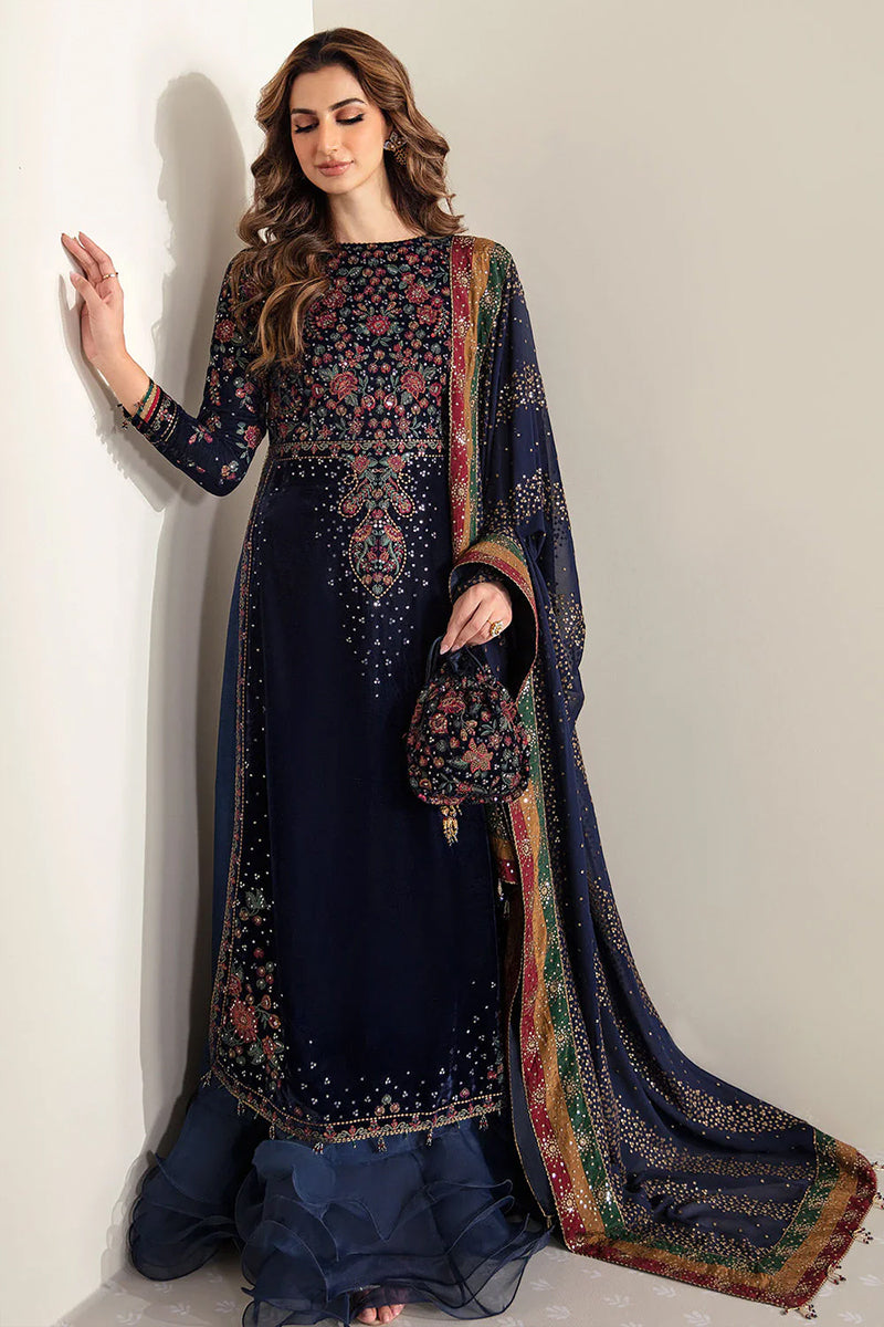 3 Piece Unstitched Embroidered Navy Blue Velvet Suit with Shawl-1