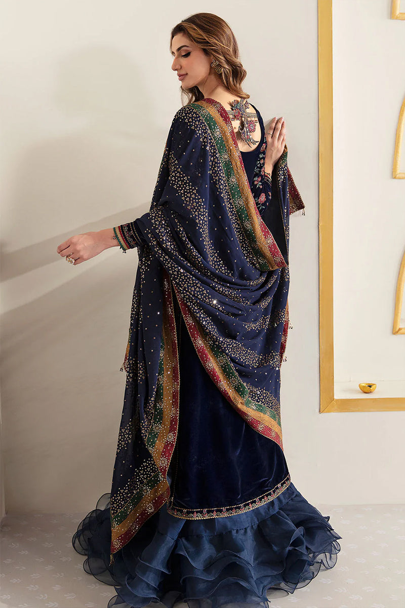 3 Piece Unstitched Embroidered Navy Blue Velvet Suit with Shawl-1