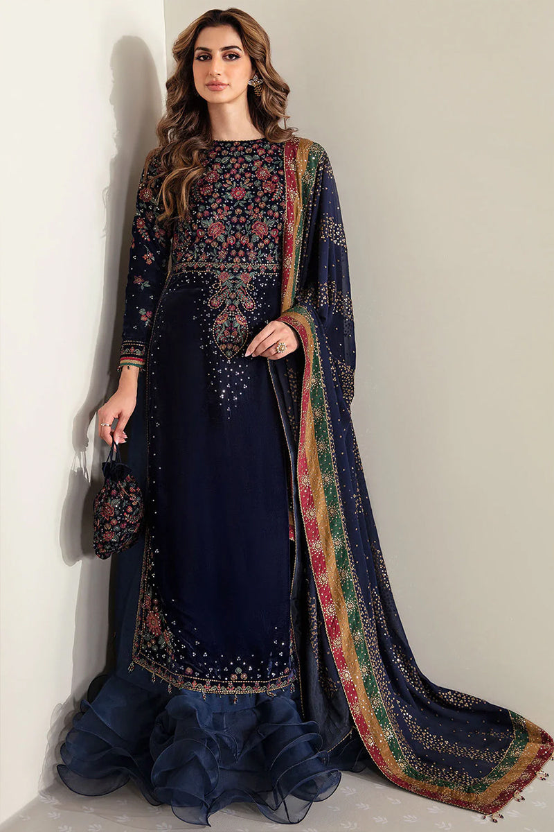 3 Piece Unstitched Embroidered Navy Blue Velvet Suit with Shawl-1