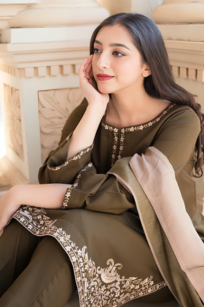 3 Piece Unstitched Embroidered Olive Green Dhanak Marina Suit with Shawl-3