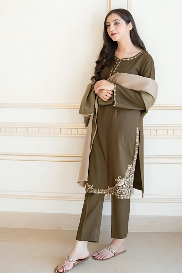 3 Piece Unstitched Embroidered Olive Green Dhanak Marina Suit with Shawl-3