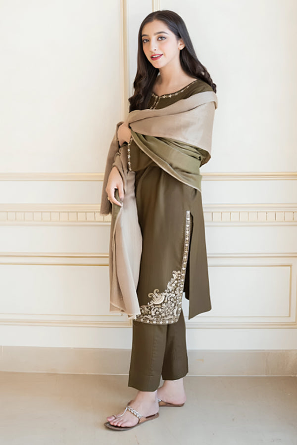 3 Piece Unstitched Embroidered Olive Green Dhanak Marina Suit with Shawl-3