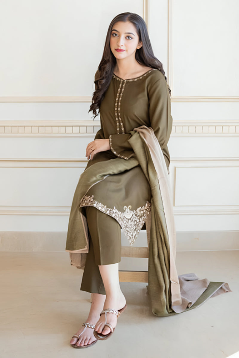 3 Piece Unstitched Embroidered Olive Green Dhanak Marina Suit with Shawl-3