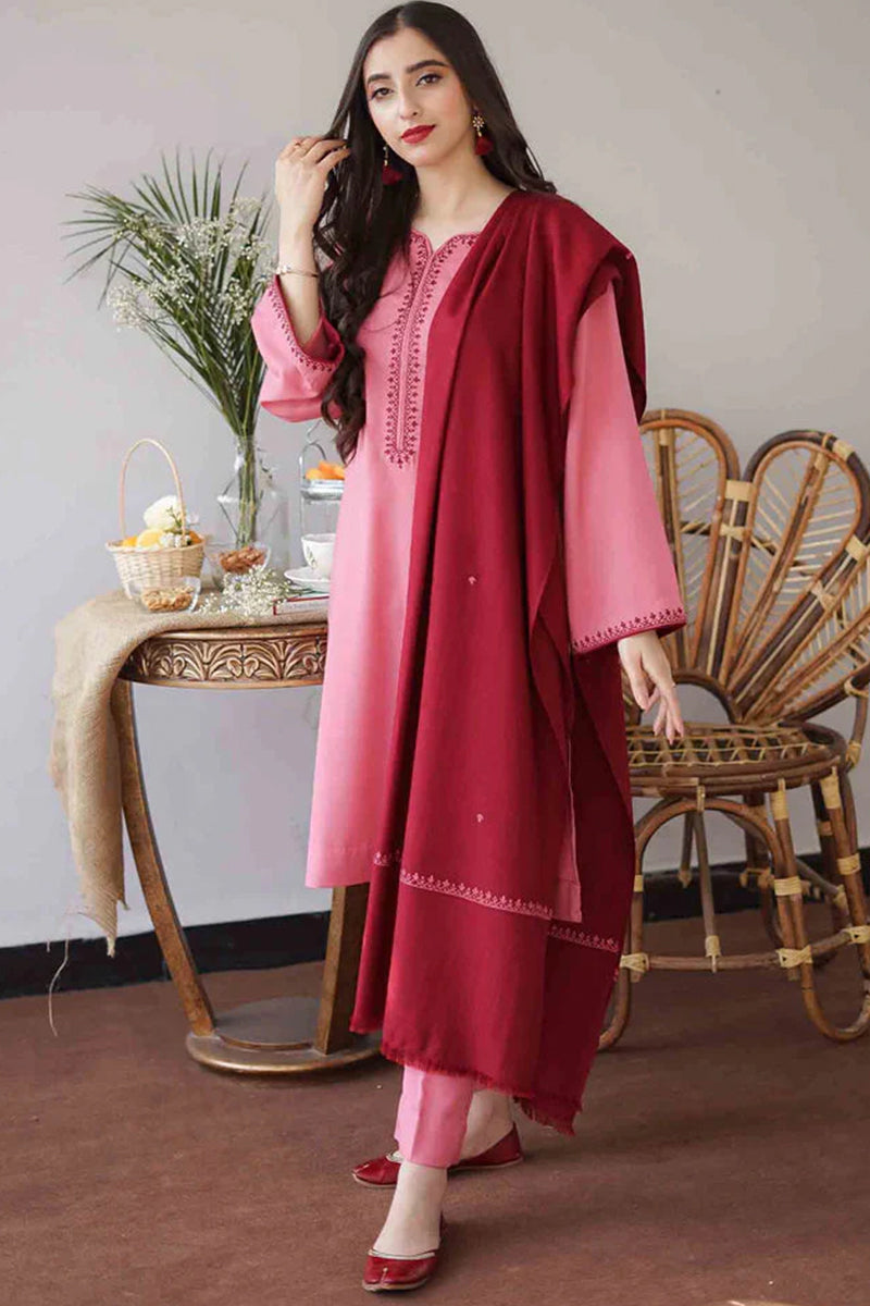 3 Piece Unstitched Embroidered Pink Dhanak Marina Suit with Shawl-1