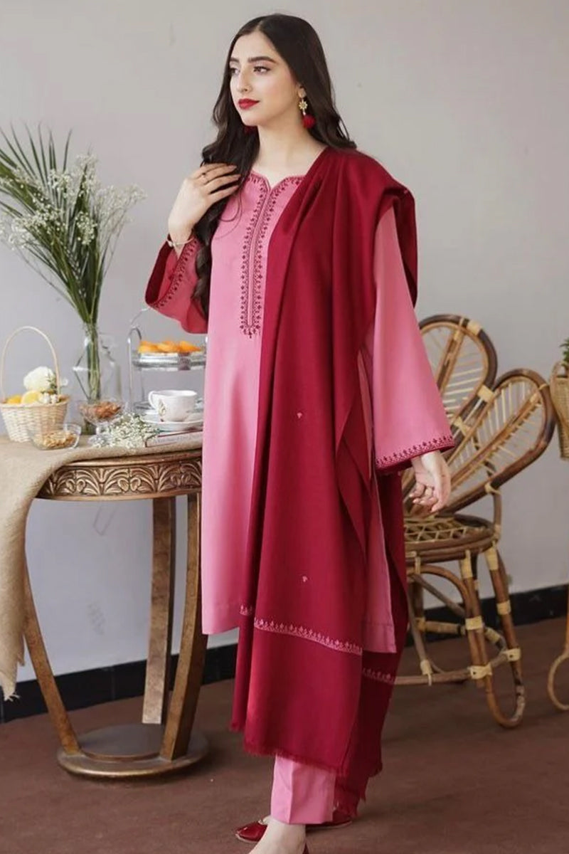 3 Piece Unstitched Embroidered Pink Dhanak Marina Suit with Shawl-1