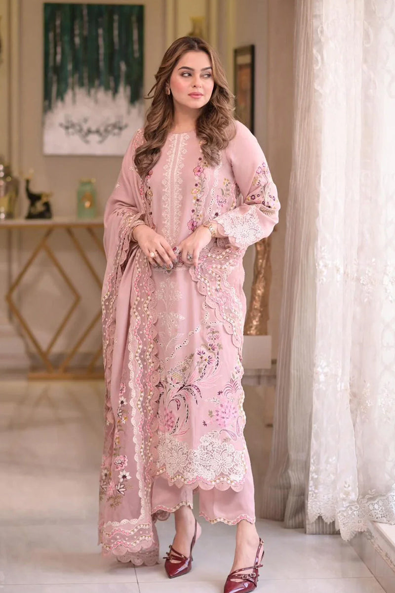 3 Piece Unstitched Embroidered Pink Lawn Suit-7