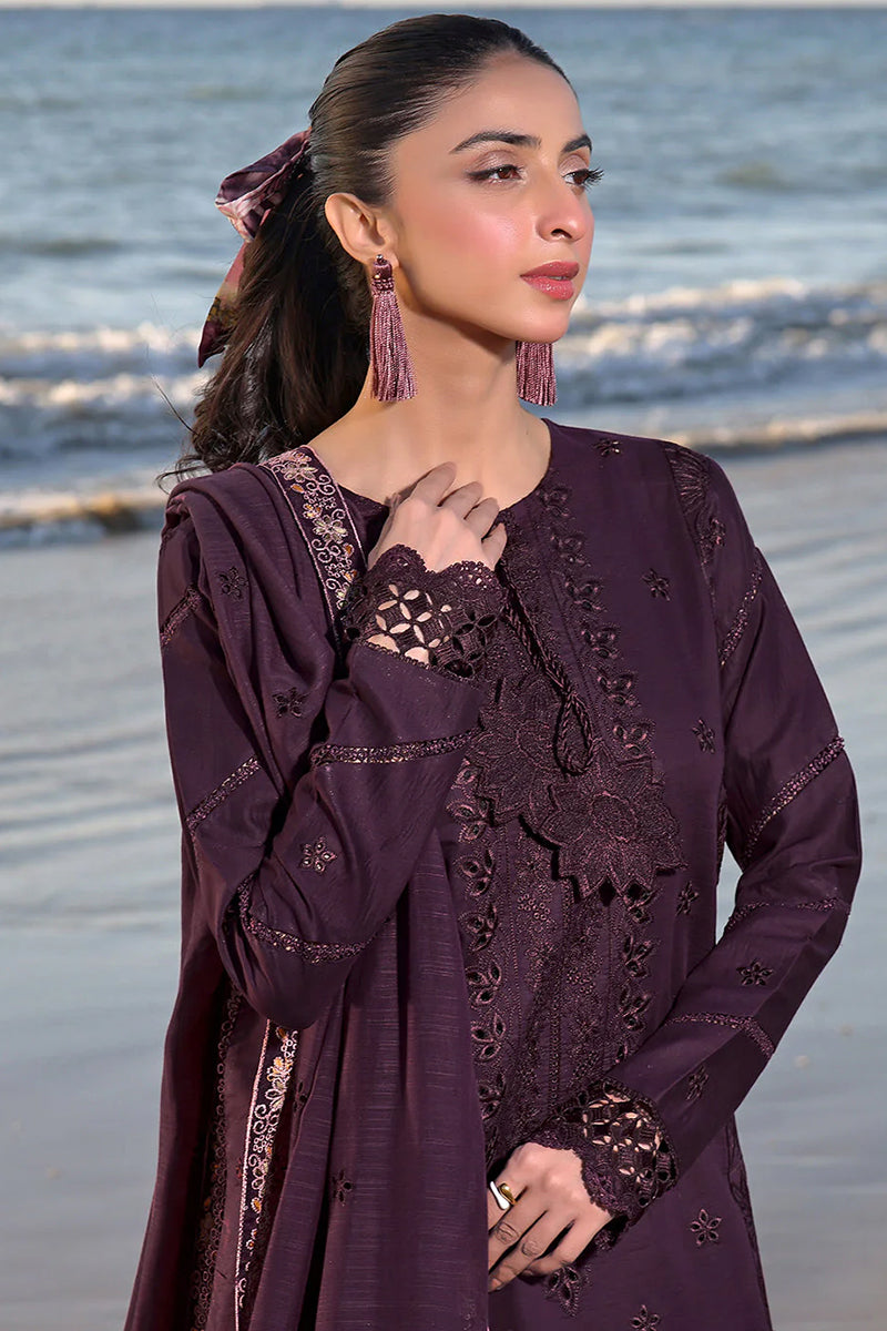 3 Piece Unstitched Embroidered Purple Dhanak Marina Suit with Shawl-2