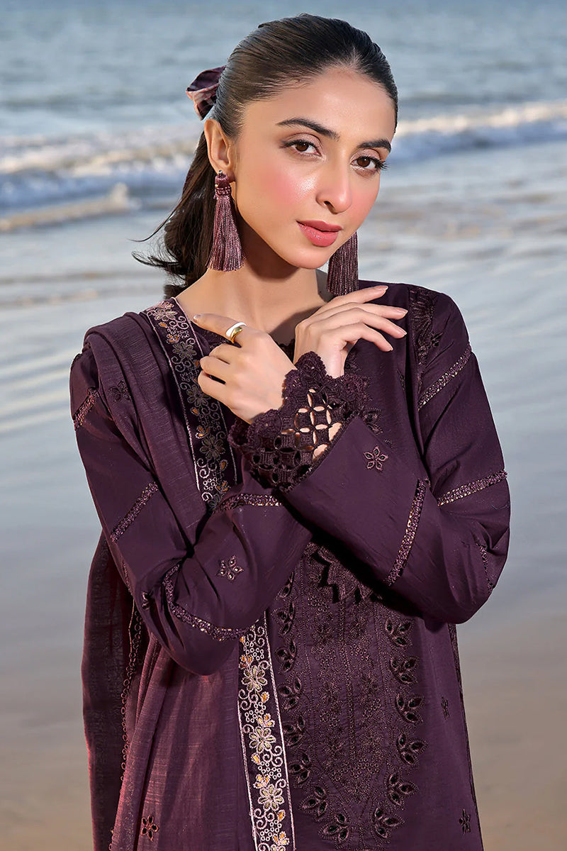 3 Piece Unstitched Embroidered Purple Dhanak Marina Suit with Shawl-2