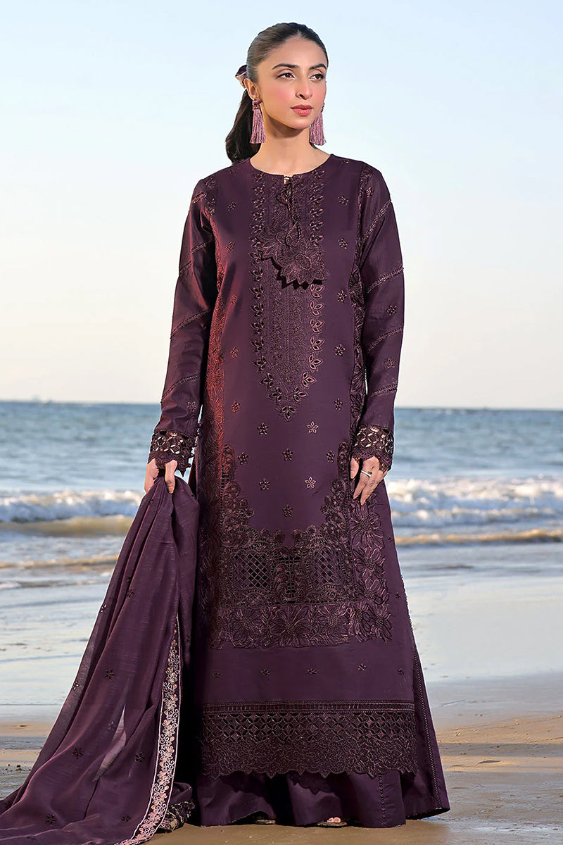 3 Piece Unstitched Embroidered Purple Dhanak Marina Suit with Shawl-2