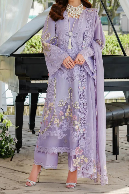 3 Piece Unstitched Embroidered Purple Lawn Suit-10