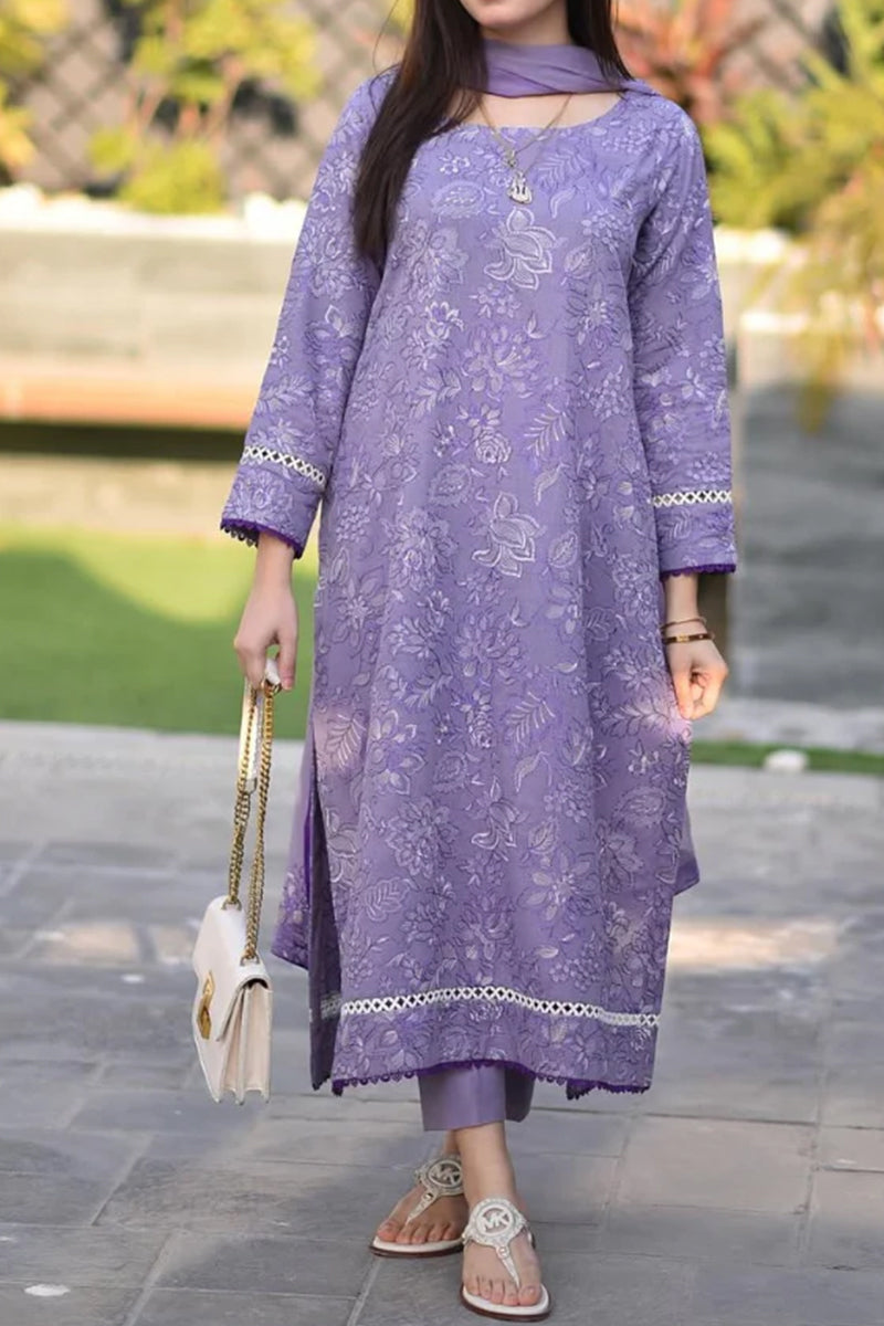3 Piece Unstitched Embroidered Purple Lawn Suit-6