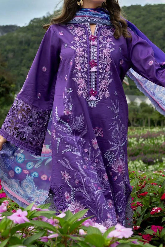 3 Piece Unstitched Embroidered Purple Lawn Suit-9