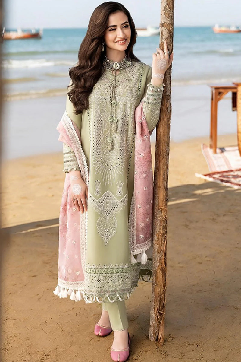 3 Piece Unstitched Embroidered Tea Green Lawn Suit-2