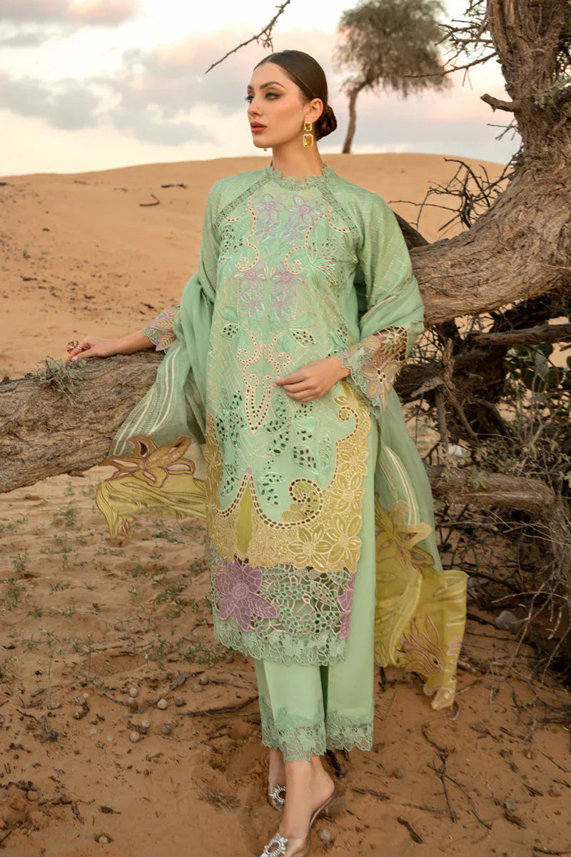 3 Piece Unstitched Embroidered Tea Green Lawn Suit-3