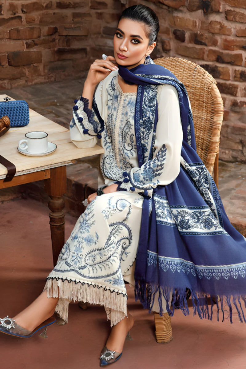 3 Piece Unstitched Embroidered White Dhanak Marina Suit with Shawl-3