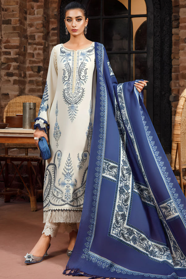 3 Piece Unstitched Embroidered White Dhanak Marina Suit with Shawl-3