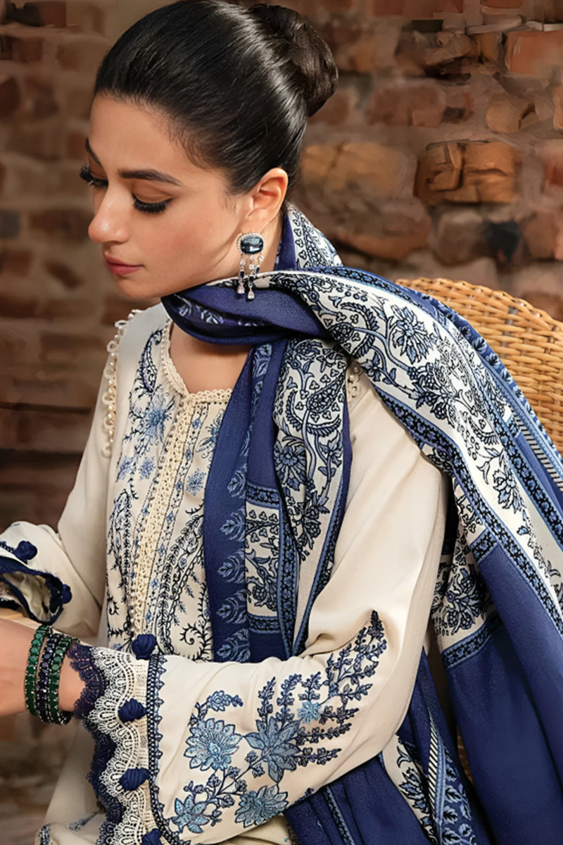 3 Piece Unstitched Embroidered White Dhanak Marina Suit with Shawl-3