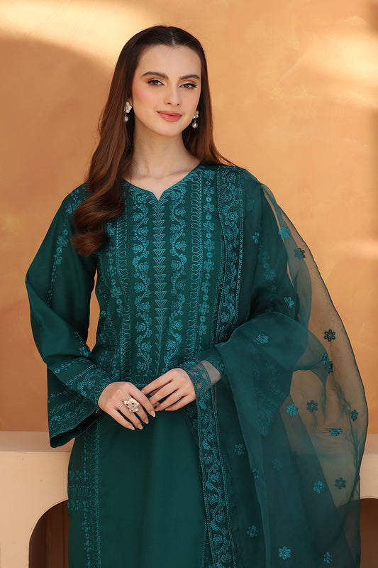 3 Piece - Embroidered Bottle Green Lawn Suit