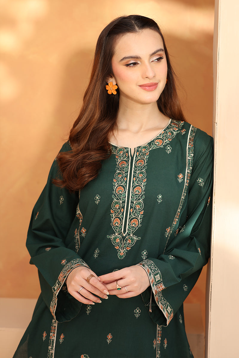 3 Piece - Embroidered Dark Green Lawn Suit