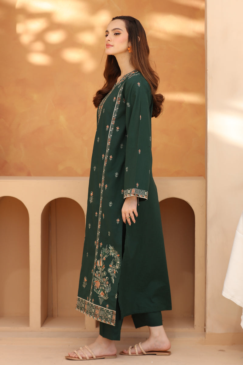3 Piece - Embroidered Dark Green Lawn Suit