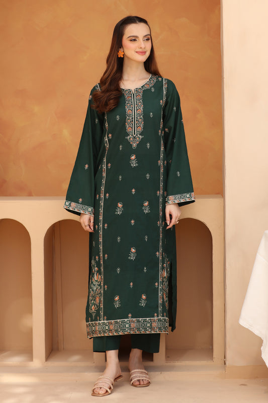 3 Piece - Embroidered Dark Green Lawn Suit