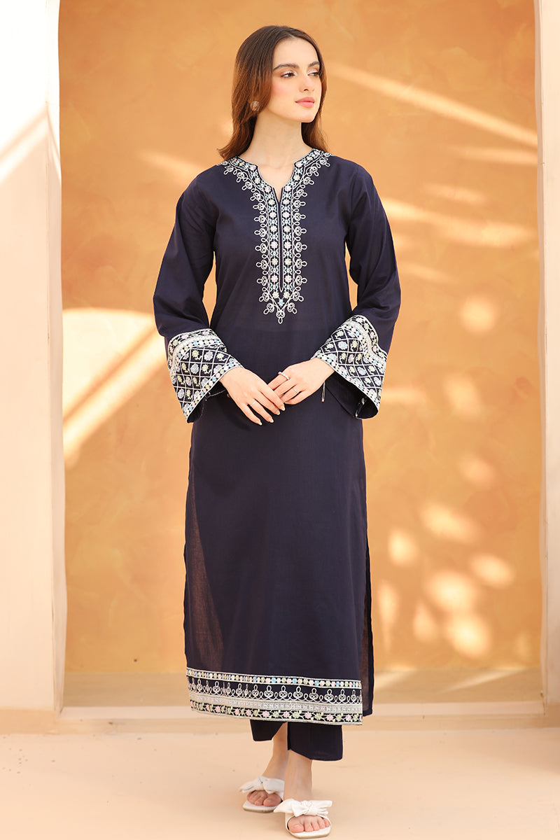 3 Piece - Embroidered Navy Blue Lawn Suit-2