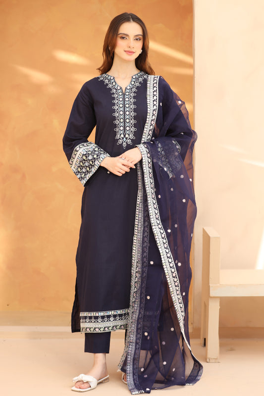 3 Piece - Embroidered Navy Blue Lawn Suit-2