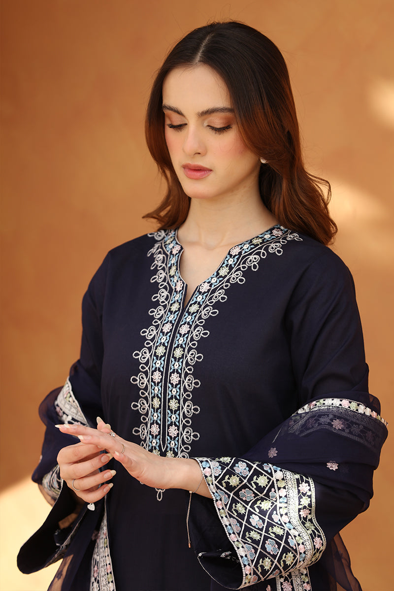 3 Piece - Embroidered Navy Blue Lawn Suit-2