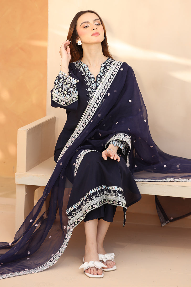 3 Piece - Embroidered Navy Blue Lawn Suit-2