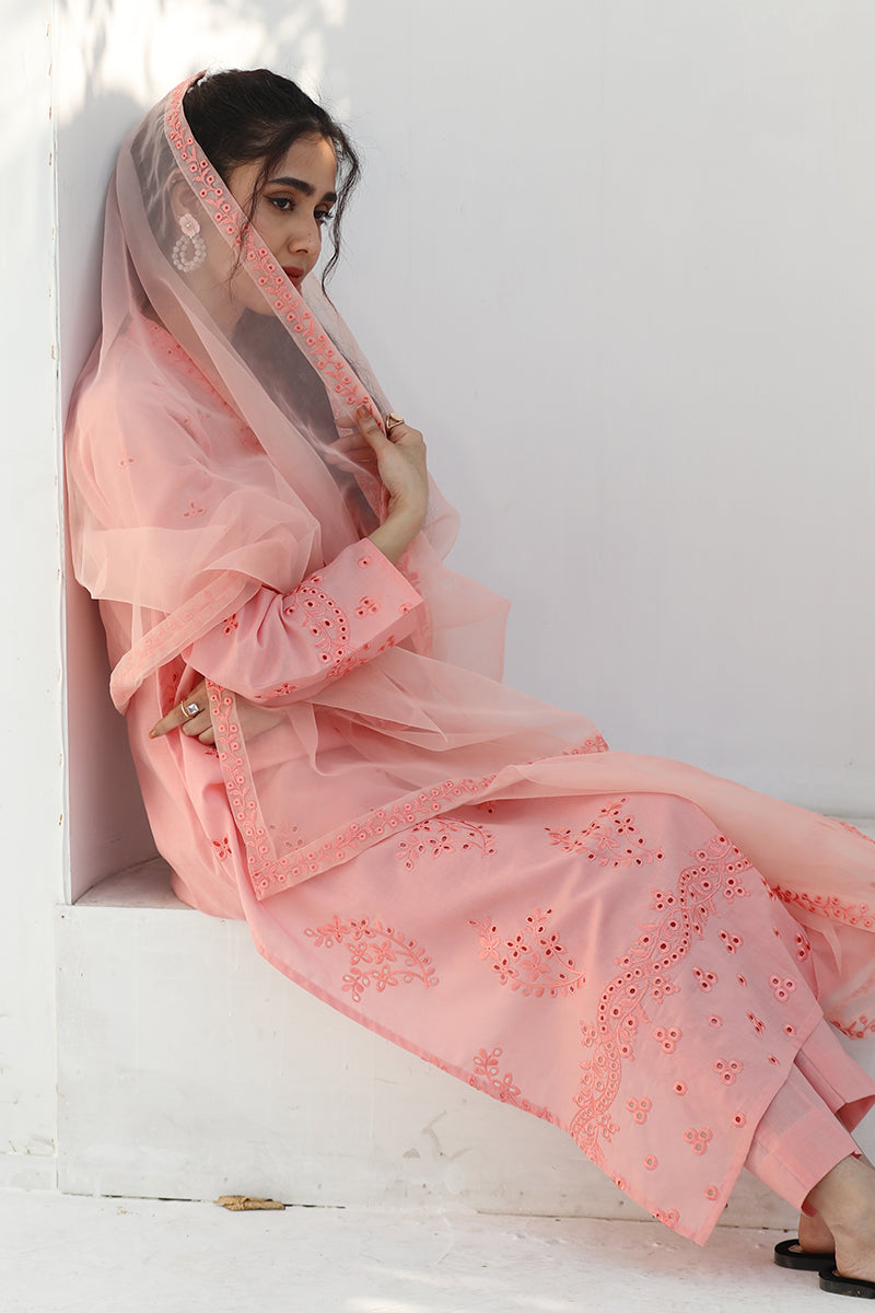 3 Piece - Embroidered Peach Lawn Suit