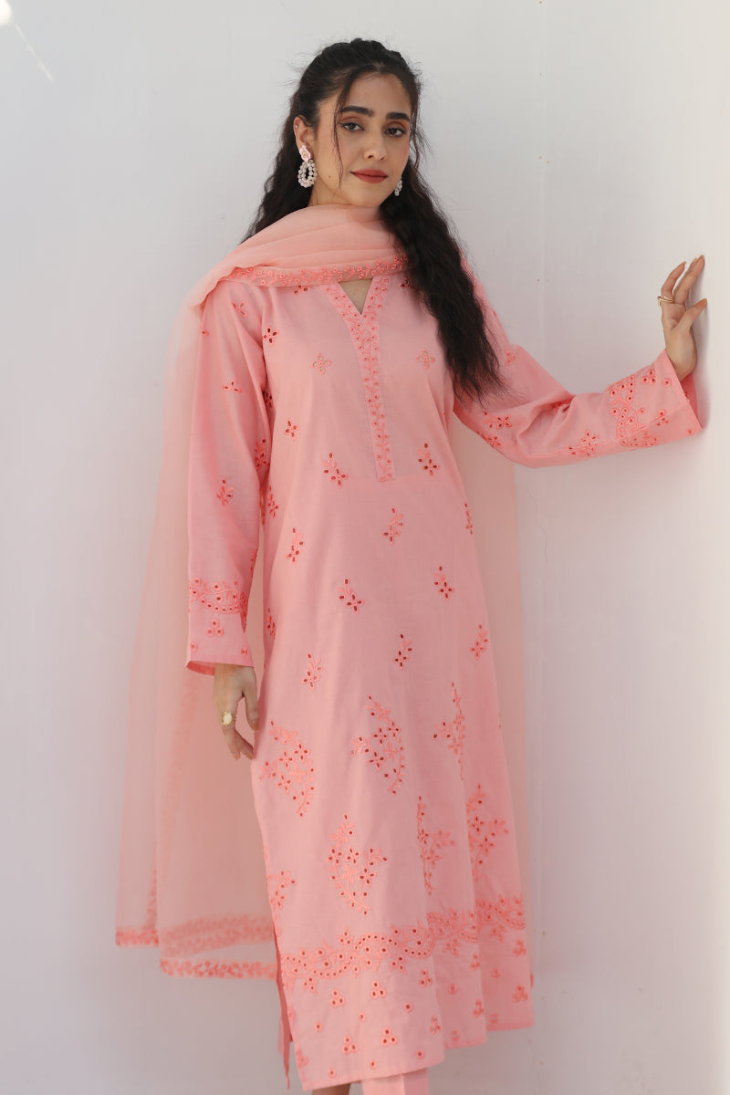 3 Piece - Embroidered Peach Lawn Suit