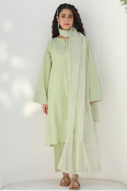 3 Piece - Embroidered Tea Green Lawn Suit