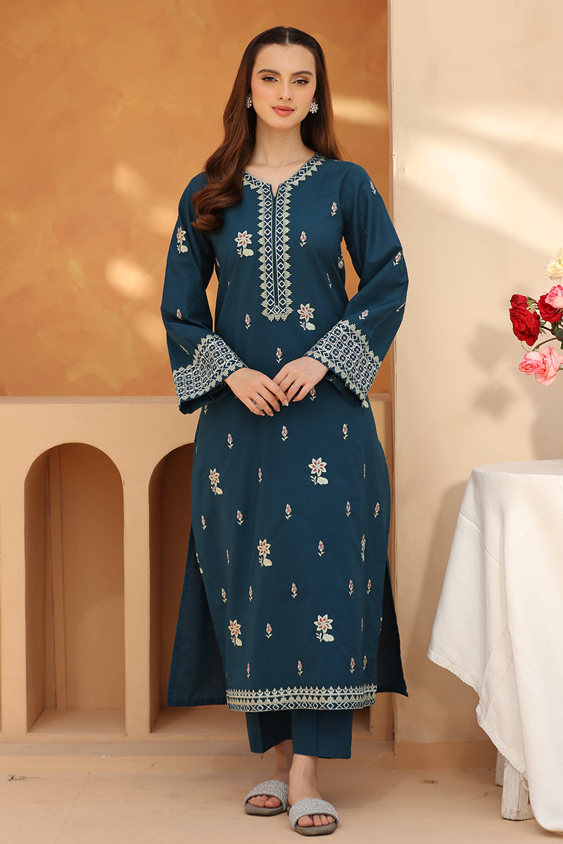 3 Piece - Embroidered Teal Blue Lawn Suit