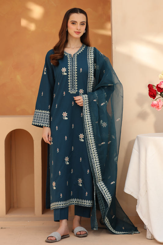 3 Piece - Embroidered Teal Blue Lawn Suit