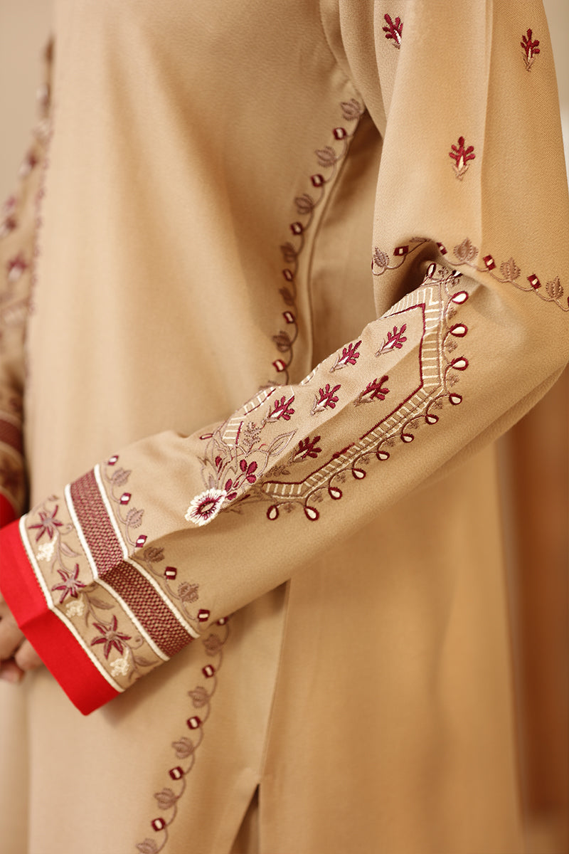 Beige embroidered fabric with red and gold details