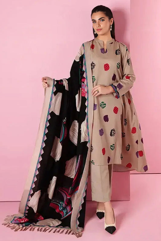 3 Piece Unstitched Digital Printed Beige Khaddar Suit with Shawl-1