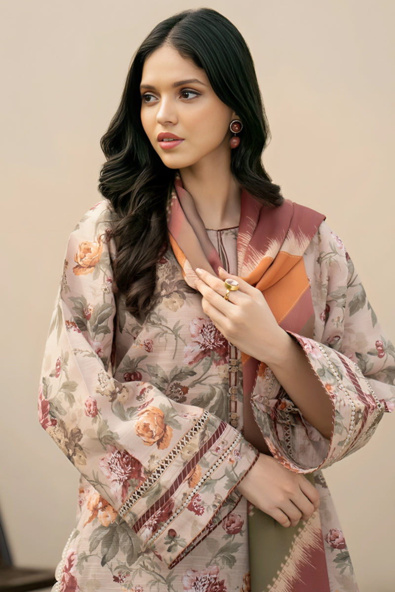 3 Piece Unstitched Digital Printed Beige Lawn Suit-1