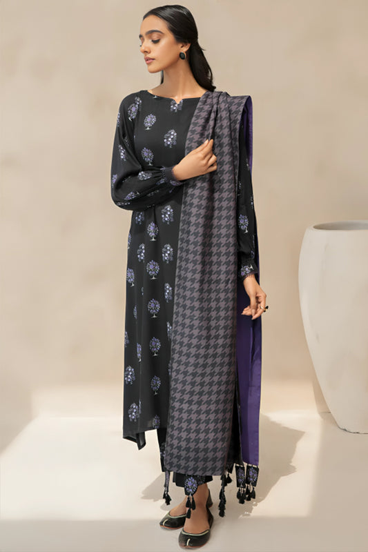 3 Piece Unstitched Digital Printed Black Khaddar Suit with Shawl-1