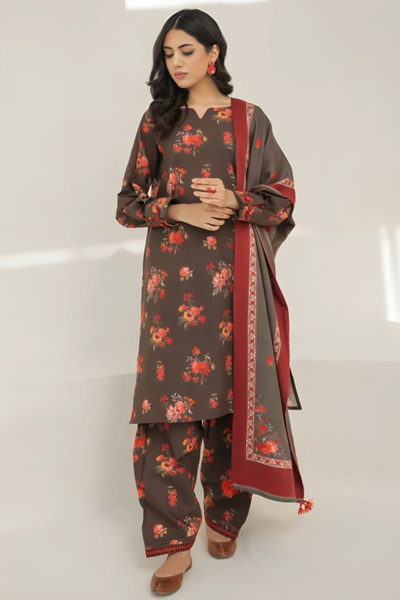 3 Piece Unstitched Digital Printed Chocolate Brown Khaddar Suit with Shawl-1