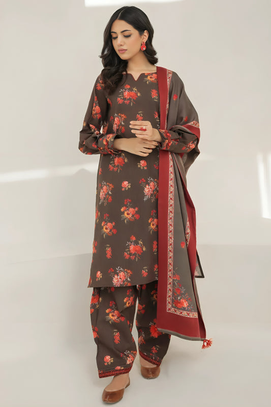 3 Piece Unstitched Digital Printed Chocolate Brown Khaddar Suit with Shawl-1