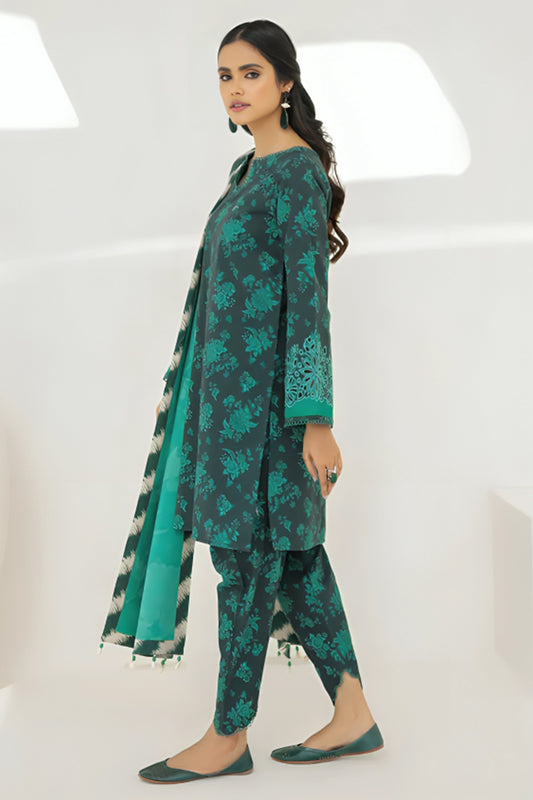 3 Piece Unstitched Digital Printed Green Khaddar Suit with Shawl-1
