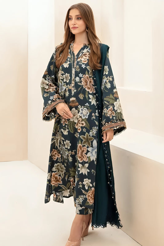 3 Piece Unstitched Digital Printed Green Khaddar Suit with Shawl-2