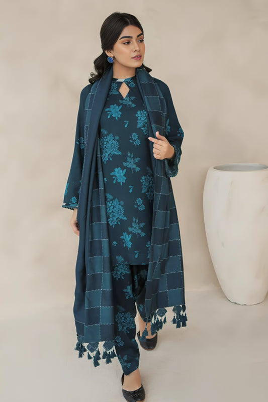 3 Piece Unstitched Digital Printed Navy Blue Khaddar Suit with Shawl-1