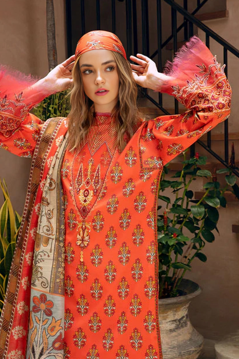 3 Piece Unstitched Digital Printed Orange Khaddar Suit with Shawl-2